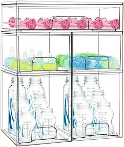 Baby Bottle Organizer 5 Pack Baby Bottle Storage Organizer Clear Bottles Station Acrylic Stackable Container Drawers Bins for Pacifiers,Nipples,Pump Parts for Countertop,Cabinet,Bathroom,Vanity