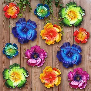 MorningRo 12 Pcs Metal Flowers Wall Art Decor 3D Hibiscus Fence Flowers Metal Wall Art Decoration Hanging Sculptures for Outdoor Garden Fence Lawn Balcony Yard Women Mother Gift