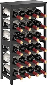 MOGELAFOO 6 Tier Bamboo Wine Rack Freestanding Floor, 24 Bottles Wine Storage Shelves with Table Top, Stackable Wine Display Rack for Kitchen, Bar, Dining Room, Black