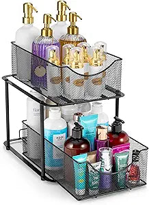 Sorbus 2 Tier Metal Under Sink Organizer for Bathroom, Kitchen, Strong Steel Mesh Sliding Drawers for Under Sink, Under Cabinet, Closet, Kitchen, Pantry, Bathroom Organizers and Storage (Black)