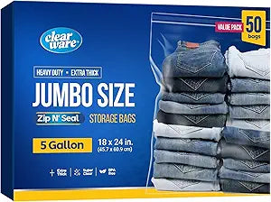 Clearware 50 Large Storage Bags With Zipper Top - 5 Gallon Bags 18" x 24", Extra Plastic for Clothes, Travel, Moving, Reusable freezer bags, BPA-Free, 2-mil Thick