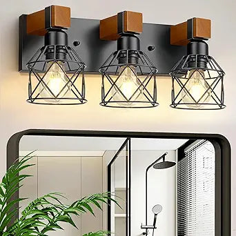 3-Light Farmhouse Vanity Lights for Bathroom, Rustic Wood Bathroom Vanity Lighting Fixtures Over Mirror, Vintage Black Wall Mounted Lamps with Metal Cage for Living Room, Bedroom, Hallway