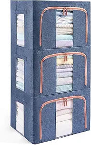 GuliPostan 3 Pack 100L Stackable Clothes Storage Bins with Metal Frame Handles & Zipper, Collapsible Closet Organizer Box with Lid for Bedding Blankets Towel (Navy)