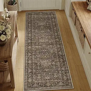 2x8 Washable Runner Rug for Hallway Kitchen Vintage Brown Non Slip Low Pile Carpet Traditional Retro Soft Throw Rug for Bathroom Bedroom Entryway Indoor Entrance