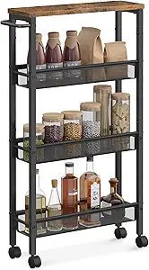 VASAGLE Slim Rolling Cart, 4-Tier Narrow Storage Cart with Handle, 5.1 Inches Deep, Metal Frame, for Kitchen, Dining Room, Living Room, Home Office, Rustic Brown and Classic Black ULRC032B01V1