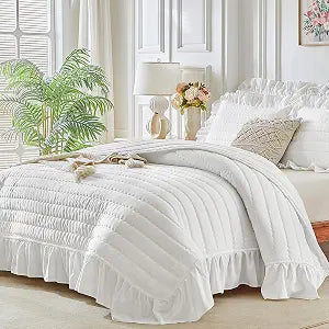 Ruffled Quilt Set Queen Size 92 * 92in - 3 Pieces Solid Shabby Chic Farmhouse Ruffles Stripes Waves Bedding Rustic Coverlet & Sets Lightweight Summer Boho Bedspread with Shams for Women Men - White