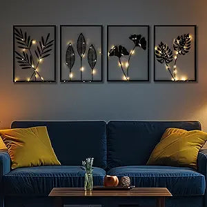 QXSXKJ Black Metal Wall Decor Framed, 3d Modern Metal Wall Art with Light, Minimalist Abstract Black Line Art DCor, 4 Piece Home Art for Living Room Bedroom Bathroom