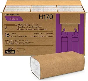 Cascades PRO Select Multifold Paper Towels  Strong & Absorbent 1-Ply Hand towel  Fits Universal Dispensers  Commercial Bathroom Kitchen Towel, 250 Sheets/Pack, 16 Packs/Box  H170  White