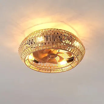 20" Boho Ceiling Fans with Lights and Remote,Rattan Industrial Style,6 Wind Speeds,LED Bulbs Included, Rustic Farmhouse Flush Mount Ceiling Fan for Bedroom,Kids Room and Living Room