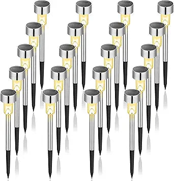 GIGALUMI Solar Lights Outdoor Waterproof, 20 Pack, Stainless Steel LED Solar Garden Lights for Patio, Lawn, Yard and Landscape,Garden Decor Patio Decor, Warm White