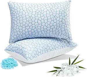 2 Pack Cooling Memory Foam Pillows for Sleeping, Ice Silk Cool Touch Bed Pillows with Adjustable Shredded Foam Fill, Breathable Support for Hot Sleepers, Side, Back & Stomach Sleepers, Queen Size