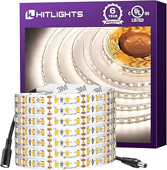 HitLights White LED Strip Lights 4000K,16.4ft High Density 12V Tape Light, UL Listed, 600 LEDs, CRI>90, 300Lm/ft, Flexible Dimmable Rope Lights for Bedroom, Kitchen, Cabinet(Power Source Not Included)