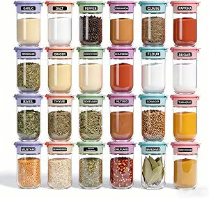 Newly Upgraded 24 Pcs Glass Spice Jars Set with Labels, 4oz Macaron Color Lids, Dual-Purpose Flip Cap, BPA-Free Empty Spice Containers for Kitchen Organization