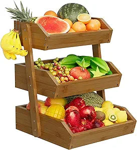 Hellojin 3 Tier Fruit Basket For Counter, Large Capacity Fruit Storage Countertop, Fruit Holder, Wooden Pantry Organizers and Storage, Kitchen Countertop Organizer With 2 Banana Hangers (Walnut)