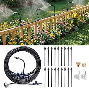 homenote Adjustable Misting System, 360 Flexible Brass Nozzles, 65FT Pre-Assembled Mister Hose for Patio Cooling, Garden Irrigation, Greenhouse Watering, Pet Chicken Coop Cooling