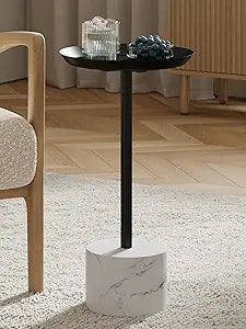 Round Metal Drink Table with Black Top and Faux Marble Base  Small Pedestal Side Table for Living Room, Bedroom, or Office  Modern Black Round Cocktail Table, Easy Assembly, Scratch-Resistant