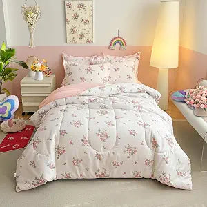Joyreap Twin Size Comforter Set for Girls, Floral Pink n White Design, 3pcs Microfiber Princess Bedding Comforter Set for All Season- 68x88 inches