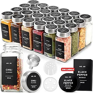 EDELHAUS Glass Spice Jars with Label and Stainless Steel Lids (24 x 4oz) Spice Containers with 240 Labels, Shaker Inserts, Steel Funnel, Empty Square Seasoning Organizer for Spice Rack Cabinet Drawer