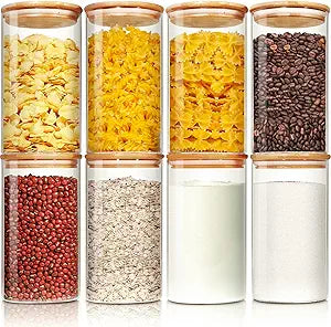 HomArtist Glass Jars with Bamboo Lids 28 floz [Set of 8], Glass Canisters with Airtight Lids, Glass Food Storage Containers for Pasta, Oats, Coffee, Flour, Sugar, Rice, Best for Kitchen & Pantry