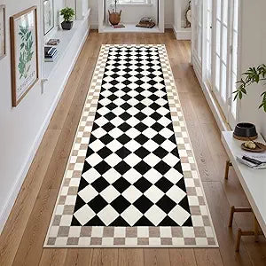 Morebes Checkered Rug Runner for Kitchen, 2x7 Black Washable Runner Rug for Hallway Non-Slip, Checkerboard Soft Indoor Bedroom Carpet Runners for Entryway Bathroom Nursery