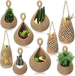9 Pcs Jute Fruit Hanging Baskets for Kitchen, Boho Woven Wall Baskets, Produce Storage for Garlic Onion Potato Banana, Space Saving Farmhouse Kitchen Decor (Brown)(Brown)