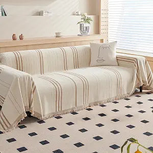 DREAMINGO Couch Cover for Sofa, Chenille Couch Cover Blanket, Washable Sofa Covers for 2 Cushion Couch, Stripes Jacquard Loveseat Covers Soft Furniture Protector Slipcover, 71"x118", Beige Coffee