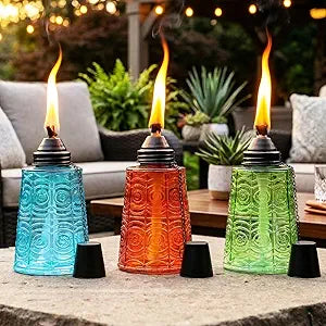 Seraphic Citronella Torches for Outside Patio Table Top Decor, 3-Pack 16oz Refillable Molded Glass Oil Lanterns, Outdoor Garden Deck Candles for Parties & Lighting (Blue/Amber/Green)