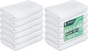 White Bath Towels (Pack of 12, 22x44 Inches) - Economy, Lightweight, Quick Drying - Bulk Sets for Commercial Uses, Gym, Salon, Spa & Hair