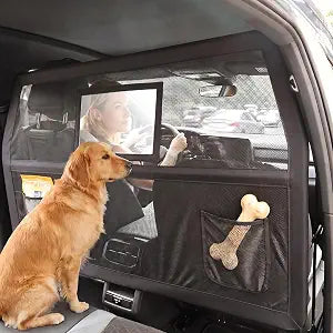 50'' Dog Car Barrier for Cars SUVs Trucks, Universal Dog Car Divider for Back Seat & Cargo Area, Chew-Proof Transparent Net and Sturdy Metal Frame, with High-Visibility Window and 2 Storage Pockets
