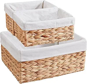 Vagusicc Wicker Basket, 3-Pack Water Hyacinth Wicker Storage Basket with Handles, Storage Baskets for Organizing, Large Hyacinth Storage Baskets for Shelves with Liner (Water Hyacinth Baskets Set)