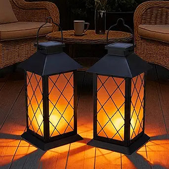 Solar Lanterns Outdoor Waterproof, 2 Pack 13" Metal & Glass Hanging Solar Lantern Lights, Cross Pattern IP46 Decorative Outdoor Solar Lanterns for Patio Table Yard Porch Garden Decor