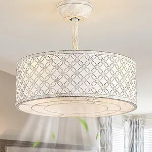 20" White Fandelier Ceiling Fans with Lights and Remote, White Boho Ceiling Fan Chandelier, Caged Fabric with 6 Speeds for Bedroom, Living Room, Nursery