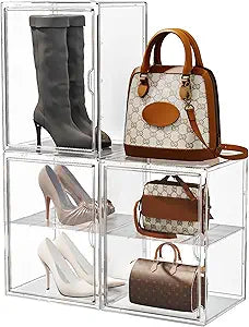 15.75''x11.81''x9.84'' XX-Large Clear Shoe Storage Boxes with Divider, Stackable Plastic Boot Boxes with Magnetic Door, Acrylic display case Box with Lids for Sneaker Purses Handbags Books (3)