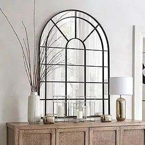 Besdomus Large Arched Window Mirror: 29"x42" Black Classic Farmhouse Wall Mirror - Wall Decor for Fireplace/Entryway/Hallway/Living Room - Ideal for Home Decor Enthusiast