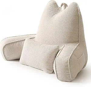 Patented Design Reading Pillow with Arms for Sitting Up, 2-in-1 Bed Rest Pillow with Detachable Lumbar Support, Backrest Support Cushion for Couch with Side Pockets & Handle, Beige Gray