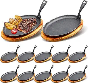 FoldTier 12 Sets Cast Iron Skillet Set 10.63'' x 6.89'' Fajita Plate Sizzling Pan with Wooden Base Anti Scald Protection Removable Handle for Restaurant Kitchen Cooking Accessory BBQ Party