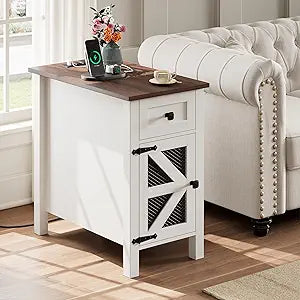 HAIOOU Farmhouse End Table with Charging Station, Narrow Side Tables for Living Room, Bedside Table with Storage Cabinet and Drawer, Slim Wood Nightstand for Small Space(Rustic White)