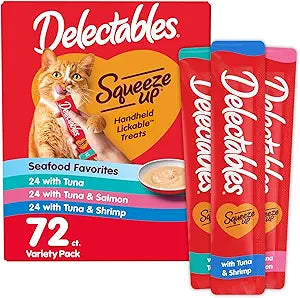 Delectables Squeeze Up Seafood Variety Pack, Creamy Squeezable Puree, Lickable Wet Cat Treats, Grain Free, No Added Fillers, No by-Products, No Added Preservatives, 0.5 Ounces Tube, 72 Tubes Total