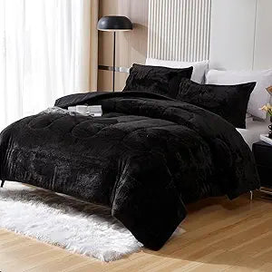 YIYEA Faux Fur Queen Size Comforter Set, Luxury Ultra Soft Fluffy Comforter, Plush Fuzzy Bedding Comforter Sets for Fall Winter, Cozy Warmth, No Shedding, 3PC, Queen, Black