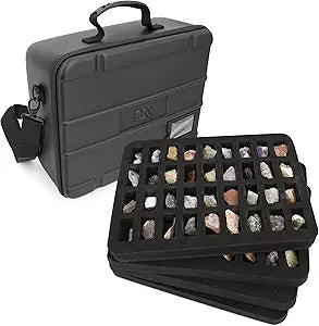 CASEMATIX Rock Collection Travel Case - 144 Slot Rock Collection Box with Four Protective Foam Trays, Crystal Storage and Travel Case with Shoulder Strap and ID Card Holder!