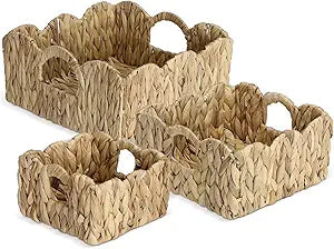 Newtay 3 Set Scalloped Baskets Scalloped Wicker Basket Quare Handwoven Baskets with Built-in Cast Iron Shaping 7.5/9.5/11.5 Inches Decorative Organizing Boxes for Home Shelf Bathroom Living Room