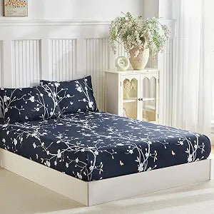 Tokokimo King Size Fitted Sheet with 2 Pillowcases, Deep Blue& White Floral