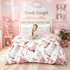 Erosebridal Pink Cowgirl Comforter Set Twin Size,Coquette Bowknot Bedding Set for Kids Boys Girls Cowboy Boots Duvet Insert Wild Western Quilt Princess Bedroom Decor