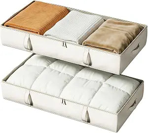 Vailando Side-Supported Under Bed Storage Containers, 6 Inches Tall 60L Underbed Storage Bins with Sturdy Handles and Sidewalls, Closet Organizer for Clothes, Blankets, Seasonal Items, Beige, 2-Pack