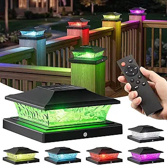 NIORSUN Solar Post Cap Lights Outdoor Waterproof, 4x4 Post Solar Lights, RGB Color Changing with Remote Control, Fence Posts Solars Light, 4x4 Posts Caps, 4x4&5x5 Vinyl, 4x4&6x6 Wooden, 6 Pack (Black)
