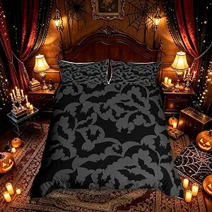 Castle Fairy Halloween Themed Bedding Set Queen Size,Black Bats Animal Print Duvet Cover Set for Children Adult,Dark Grey Color Soft Comforter Cover for Dorm Room, Zipper, Ties
