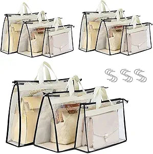 9 Pack Dust Bags for Handbags, Clear Handbag Storage, Purse Storage Organizer for Closet, Purse Cover Hanging Closet Organizer with Zipper
