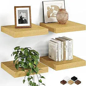 Fun Memories Floating Shelves for Wall, 9.3 Inch Set of 4 Rustic Wood Wall Shelves with Invisible Brackets, Heavy Duty Storage Display for Bathroom Bedroom Living Room Kitchen, Oak