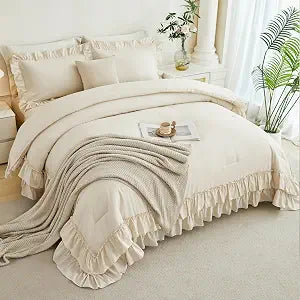 ANGIYUIN 5Pcs Beige Ruffled Comforter Set Queen Double-Layer Ruffle Bedding Comforter Set for Women Girls Fluffy Shabby Chic Bed in a Bag with Sheets(Beige Queen)