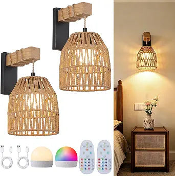Rattan Battery Wall Sconce 2 Pack, Remote Dimmable, Matte Black